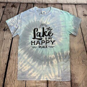 Blue and white cotton tie-dye shirt with "The Lake Is My Happy Place" design